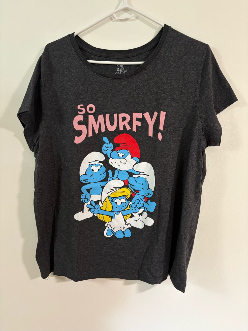 So Smurfy! Graphic Tee - Dark Gray with Pink writing & Blue Smurfs